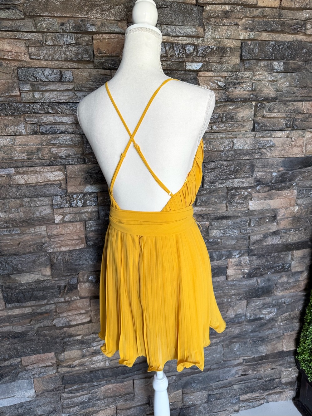Miss Avenue Mustard Yellow Spaghetti-Strap Wrap Mini Dress - Picture 2 of 10